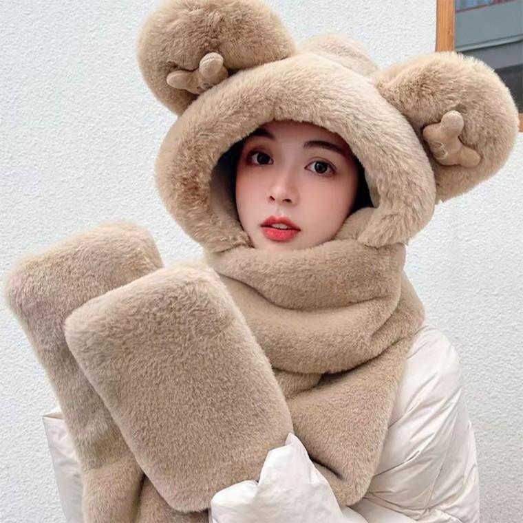 스윗 곰돌이 후드머플러 귀달이모자 목도리 넥워머 장갑 털모자 (당일출고)