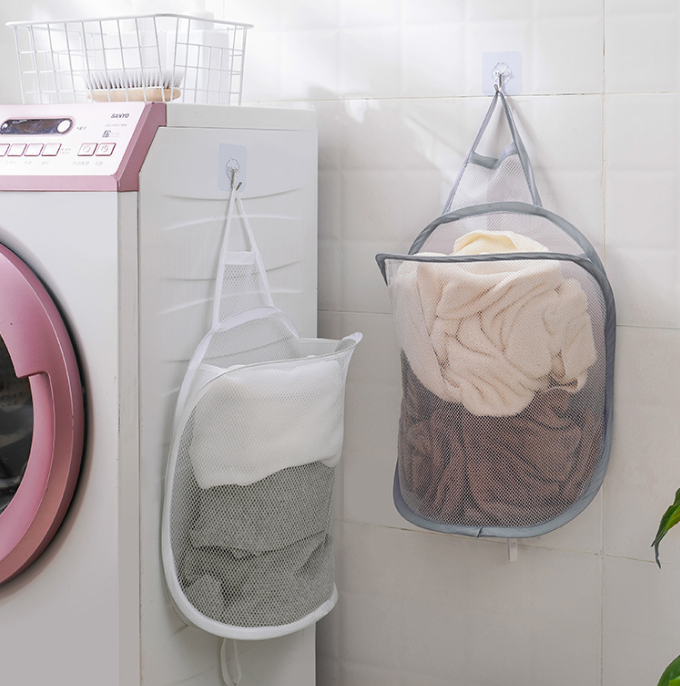 메쉬 빨래바구니 벽걸이 접이식 세탁바구니 빨래통 (개별포장) (무타공후크 포함)