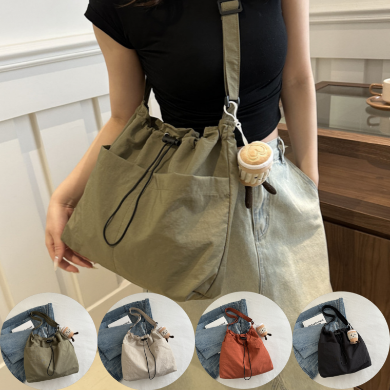 바스락 숄더백 복조리백 캐쥬얼 스트링백 크로스백 남여공용 가방 (라떼키링 증정)