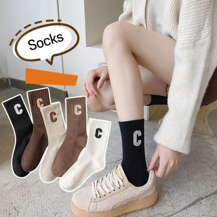 C레터링 여성 중목양말 5켤레 세트 학생 패션