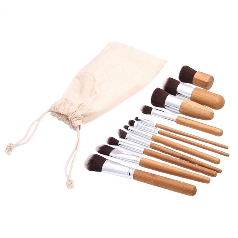 린넨파우치 우드 메이크업브러쉬 세트 11종 브러쉬+린넨전용파우치 총12종 화장솔세트