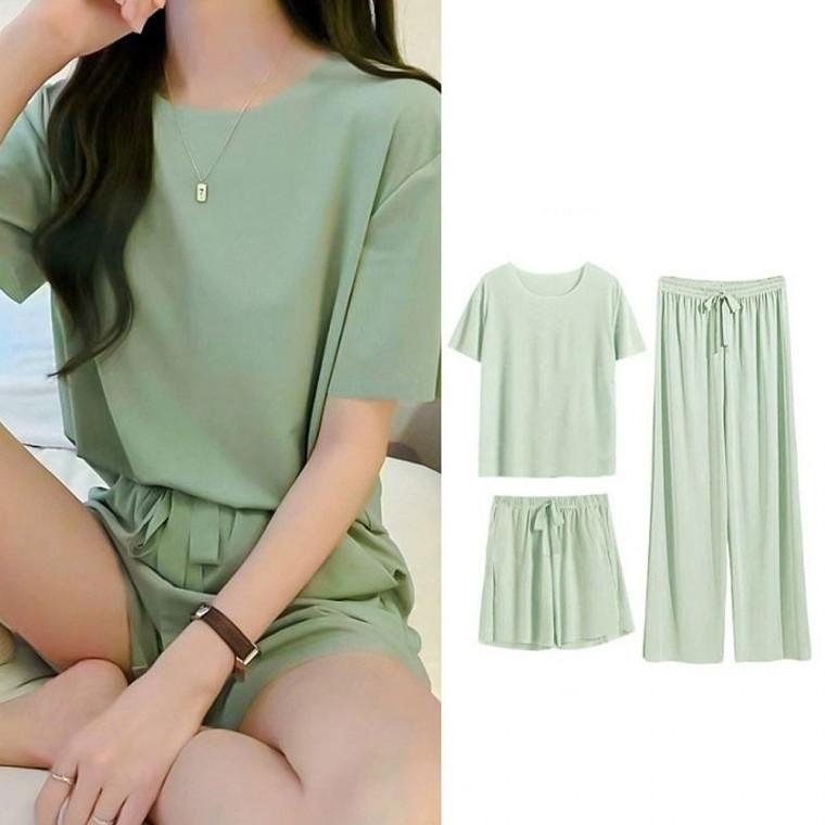 네쥬 아이스쿨링 여성 홈웨어 3종세트 반팔티 긴바지 반바지 3P 실크 잠옷