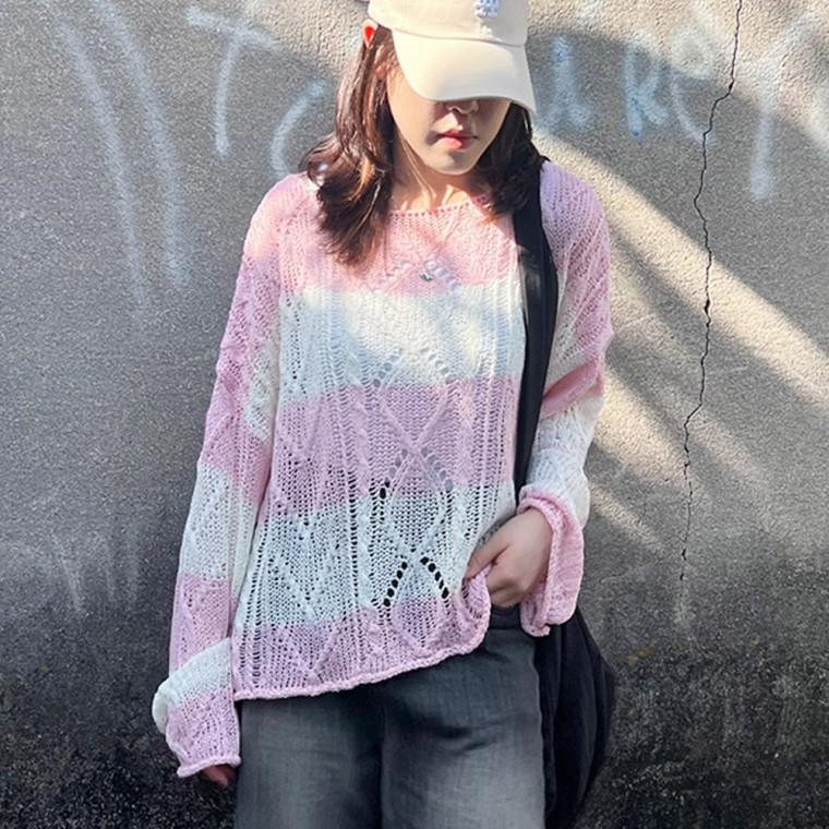 에스트 시스루 니트티 그물 티셔츠 라운드 여름 긴팔 망사 펀칭 여성 크롭