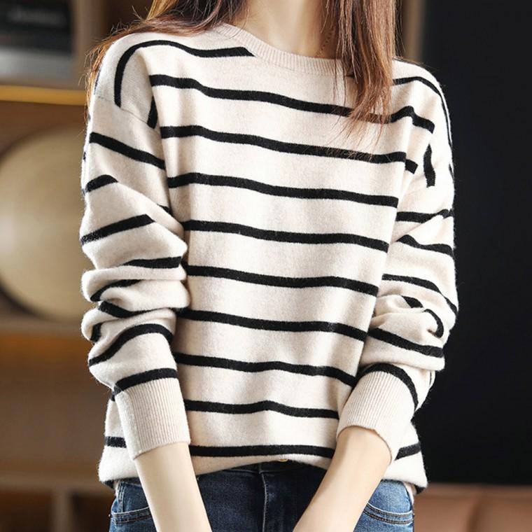 스트라이프 라운드 니트 티 티셔츠 겨울 여성 여자 줄무늬