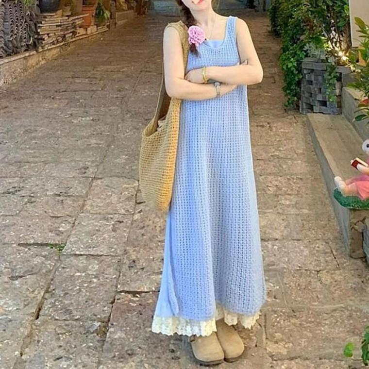 라잇 펀칭 니트 원피스 세트 여름 투피스 민소매 나시 치마 롱원피스