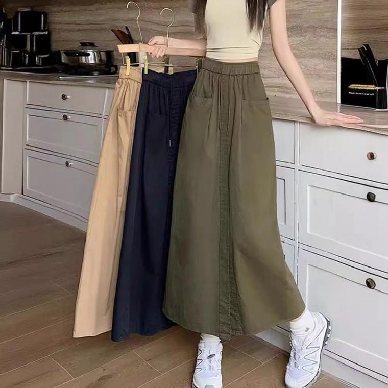 로이 롱스커트 하이웨스트 치마 여성 여름 허리밴딩 꾸안꾸 캐주얼