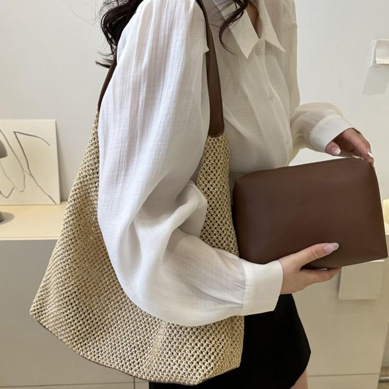 스타일리쉬 라탄 콤비 숄더백 파우치포함 가방 여성 여름 여행 여자 레더 스트랩