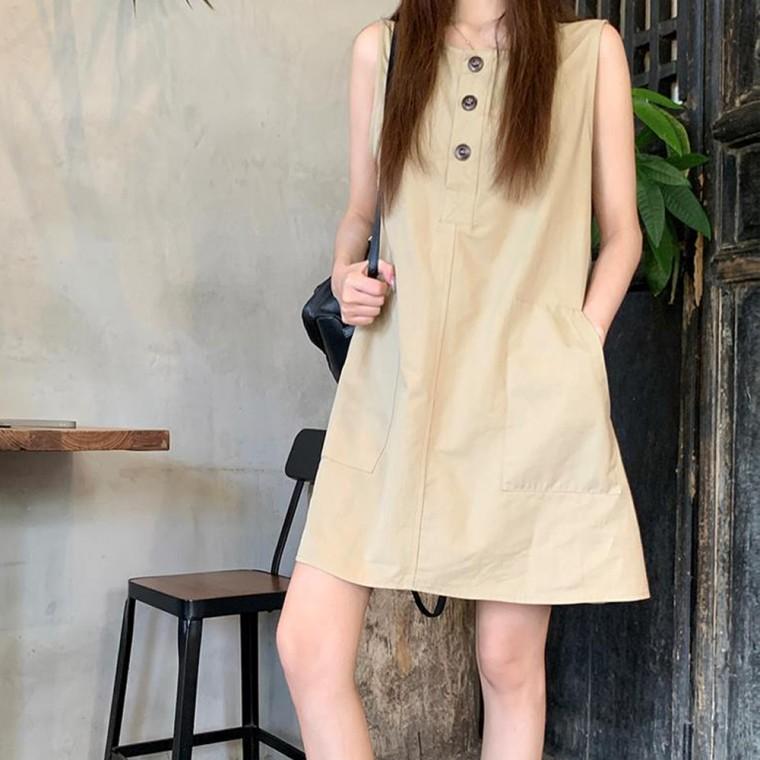 버튼 앤 롱 원피스 미니 치마 여름 민소매 여성 여름