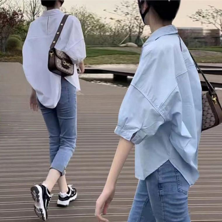 언발 루즈핏 반팔 셔츠 여름 여성 블라우스 남방