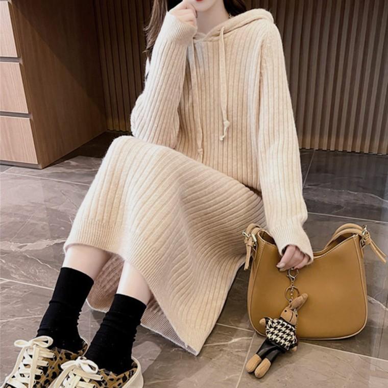 겨울 따뜻한 여성 모엘 골지 니트 후드 롱 원피스 치마