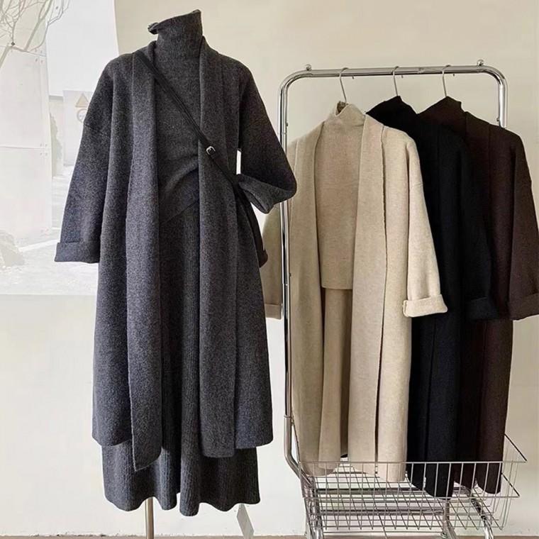 로앤테 여성 니트 3종세트 가디건 니트슬리브리스 롱 스커트 치마 겨울