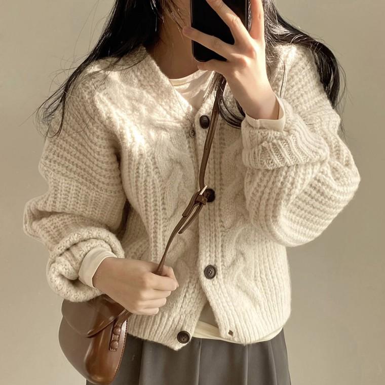 포근한 푸딩 니트 가디건 여성 루즈핏 브이넥 꽈배기 겨울 가을 봄 카디건