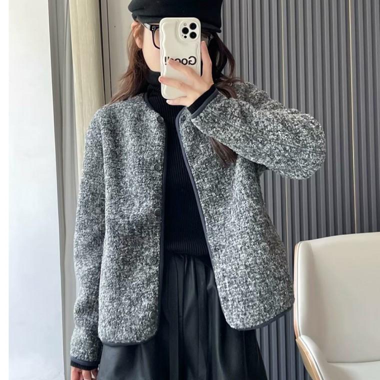 포근한 로슈 트위드 자켓 여성용 라운드넥 노카라 고급스러운 가디건 후리스