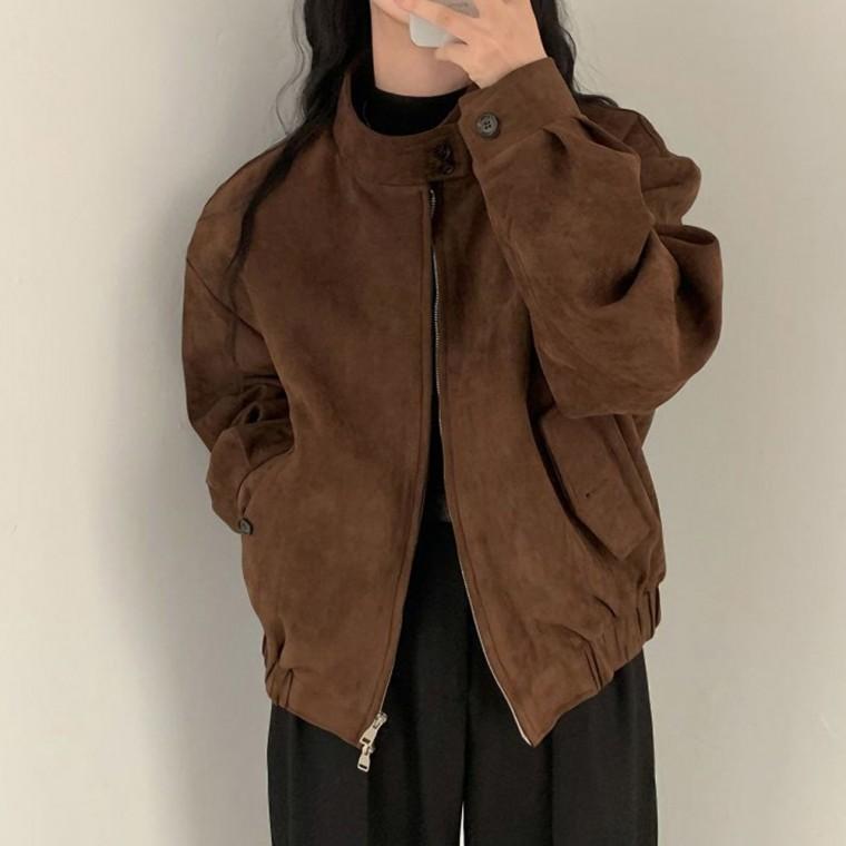 QZ모카 스웨이드 여성 자켓 하이넥 집업 루즈핏 겨울 아우터 캐주얼