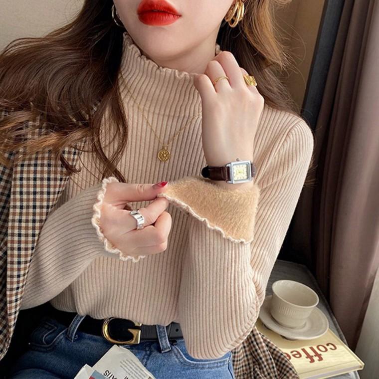 따뜻한 모카쉘 융털 기모 여성 반목폴라 티셔츠 하프 골지 목폴라 긴팔 겨울 니트