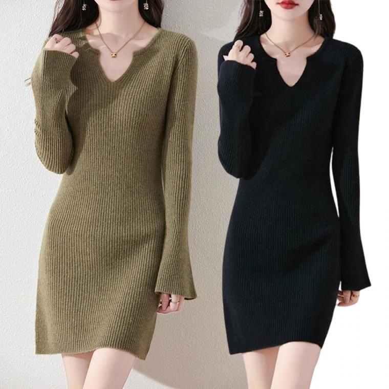 미엘리 V넥 골지 니트 원피스 미니 치마 스커트 겨울 가을 여성 하객룩