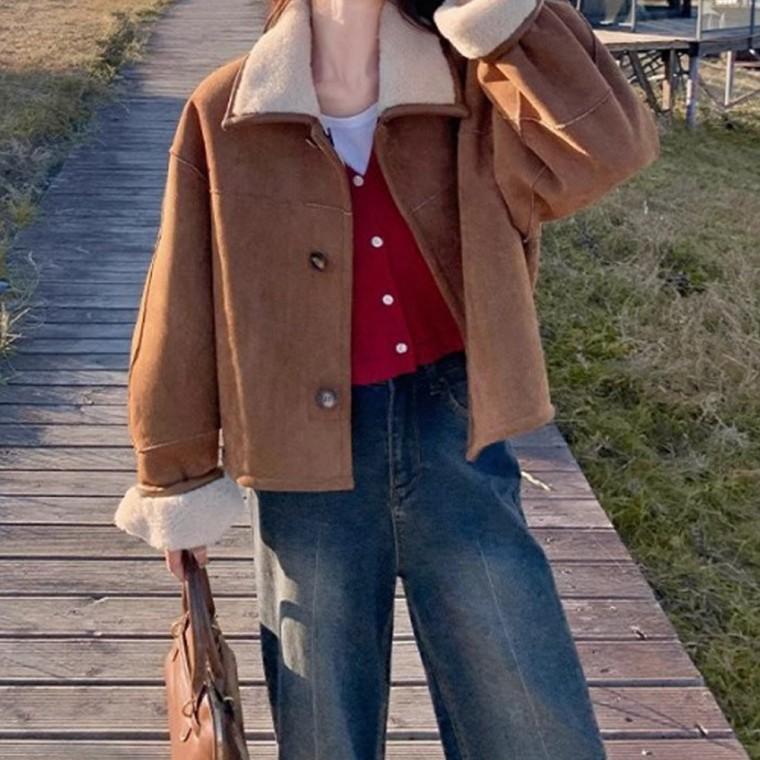 따뜻한 스웨이드 양면 퍼 자켓 여성 양털배색 점퍼 겨울 아우터 점퍼