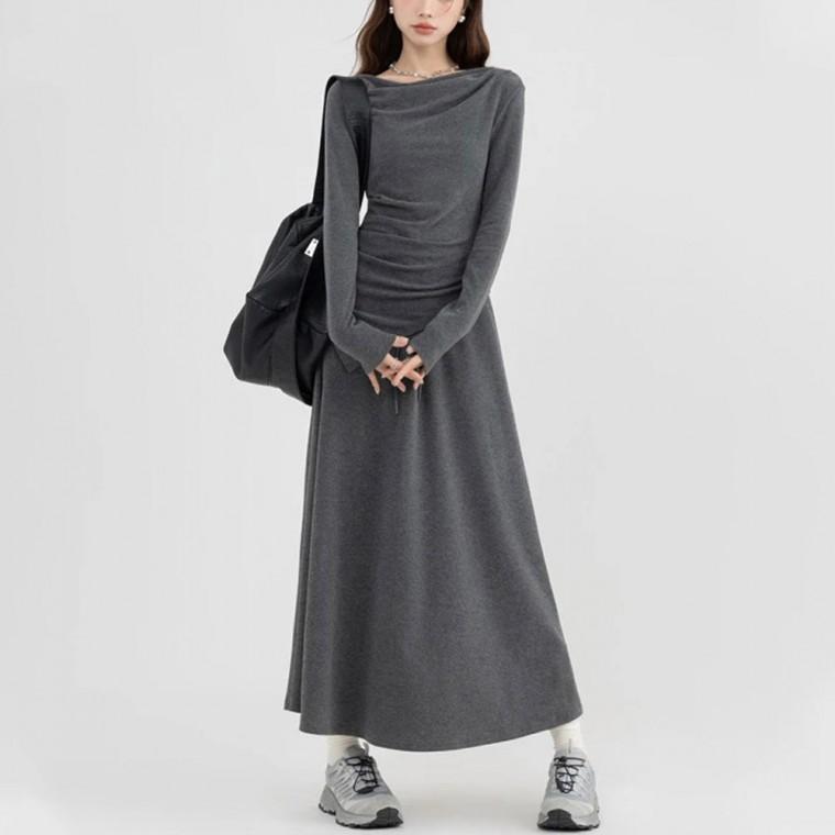 리네트 언발란스 롱 스커트 투피스 세트 플레어 치마 긴팔 티셔츠 캐주얼