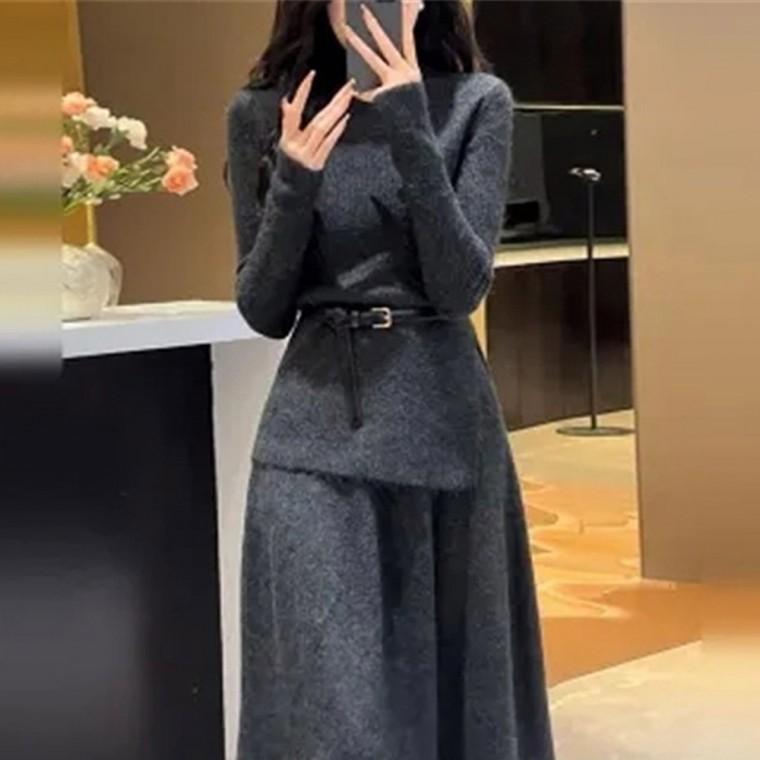 니트 스커트 벨트 투피스 라운드넥 여성 겨울 롱치마 롱스커트 니트티