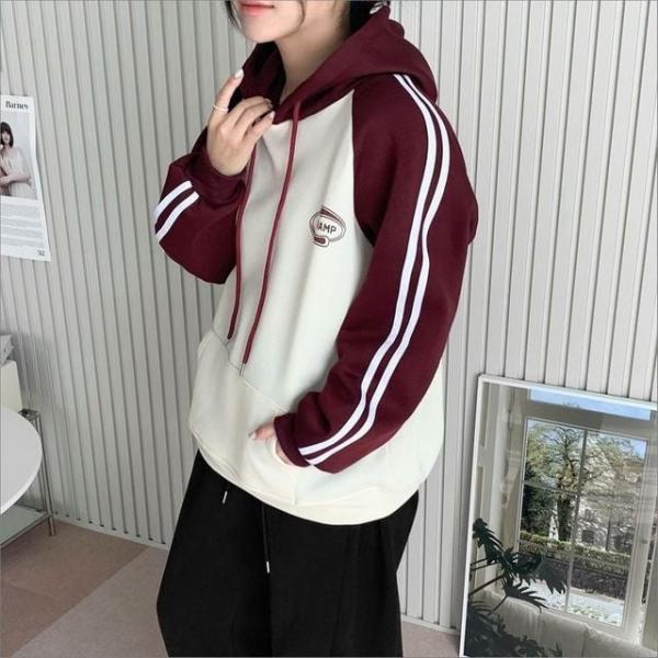 여성 스포티 배색 후드티 캐주얼 상의 풀오버 티셔츠 3색