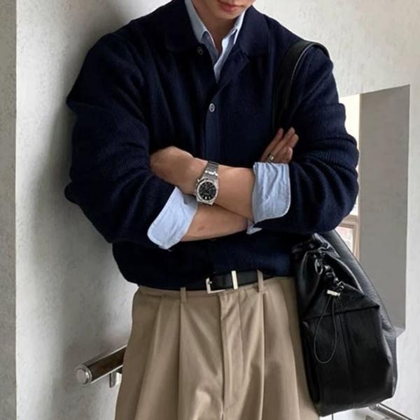 남성 클래식 골지 카라 니트 가디건