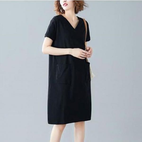 사랑스러운 깔끔한 블랙 브이넥 기본 반팔원피스