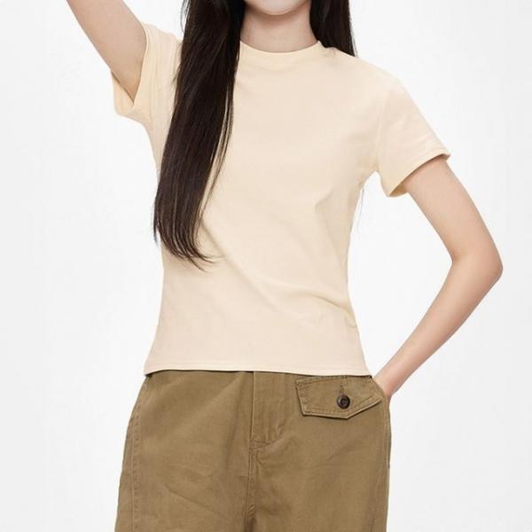 크롭티 무지 기본 라운드넥 반팔티 스판 면 반팔