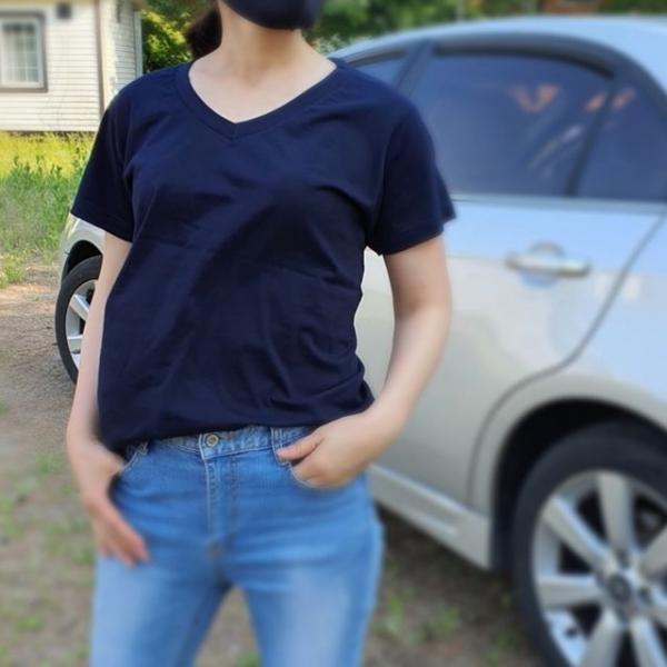 순한 무지 면 기본 반팔 브이넥 티셔츠 남여 네이비