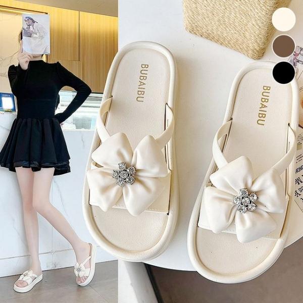 통굽큐빅 플라워 슬리퍼 보석 발편한 사계절 푹신푹신