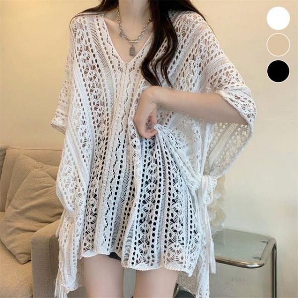 여름수영복 브이넥 니트 그물 펀칭 비키니 비치커버업