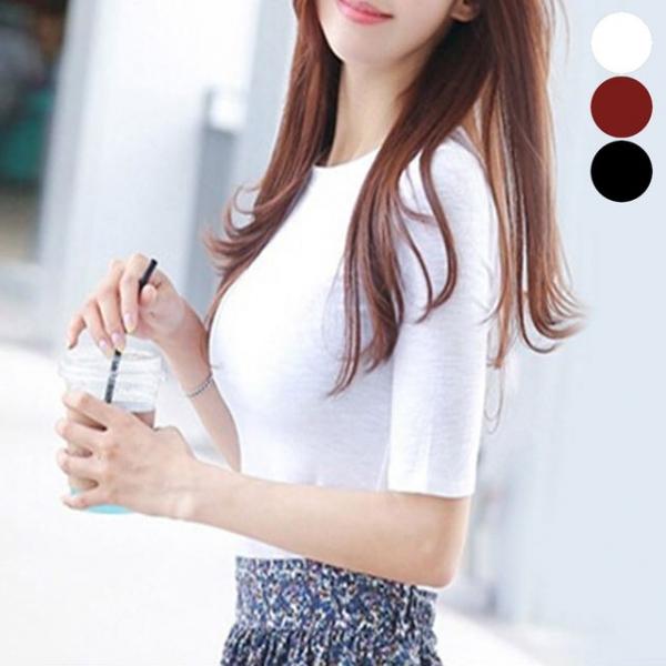 여자 이너 티셔츠 5부 라운드넥 반팔티 신축성 데일리