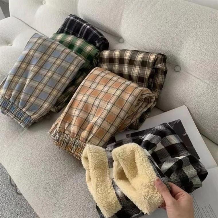 체크바지 뽀글이 캐주얼 팬츠 기모 따뜻한 겨울바지 겨울바지 뽀글이팬츠