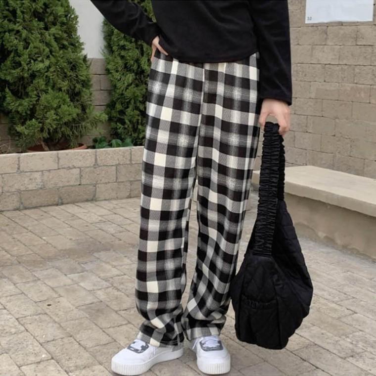 여성 스타일리쉬한 팬츠 체크패턴 겨울 양털 기모바지 양털바지