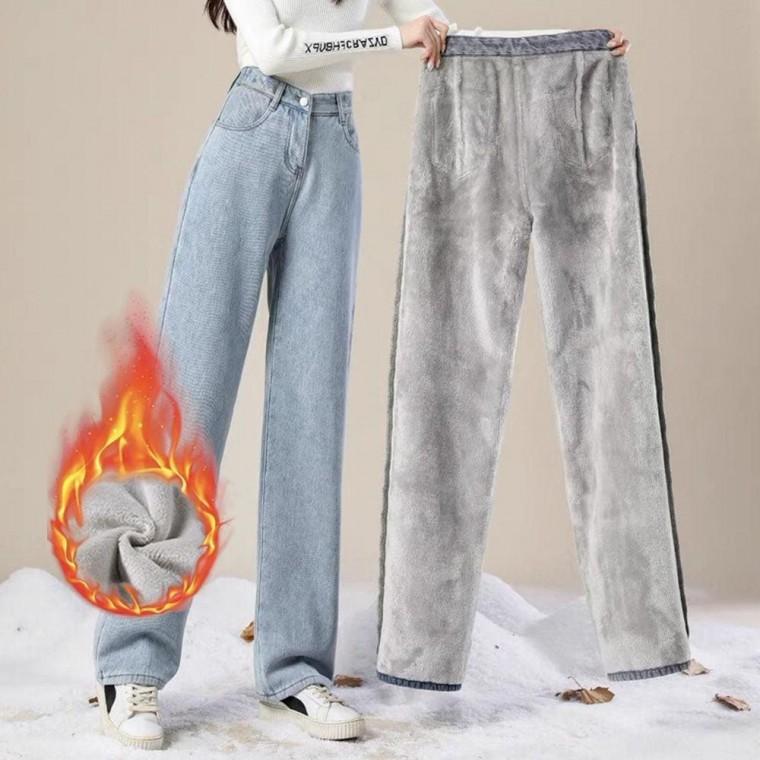 겨울 여자 데님팬츠 데님 기모 와이드 밍크 와이드 여성 밍크 연청 청바지