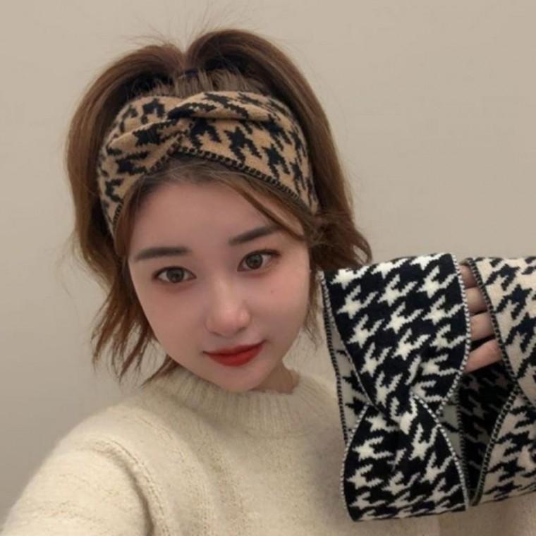 여성 하운드 체크 패턴 꼬임 꼬임 트렌디 헤어밴드 패션 체크패턴 액세서리