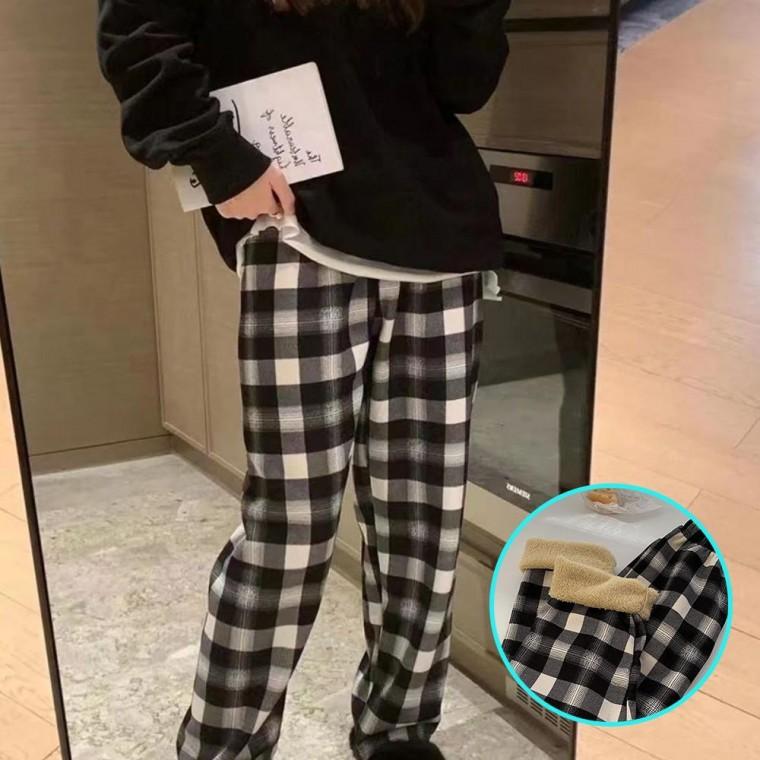 극세사 기모 체크 양털 뽀글이 바지 밴딩팬츠