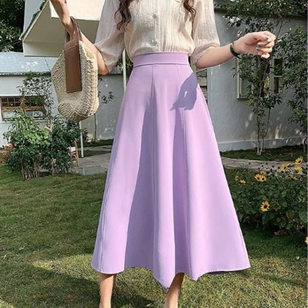 뒷밴딩 미디엄 A라인 스커트 핀턱 플 롱스커트