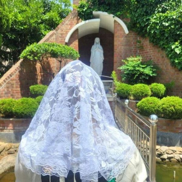 카톨릭 미사보 장미패턴 레이스 화이트