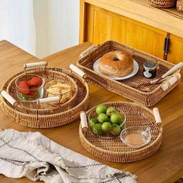 원형 미니 라탄 바구니 간식 쟁반 트레이 귤 바스켓
