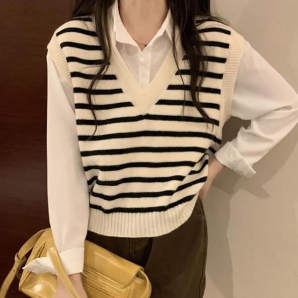 단가라 니트 브이넥 베스트 HH-D77