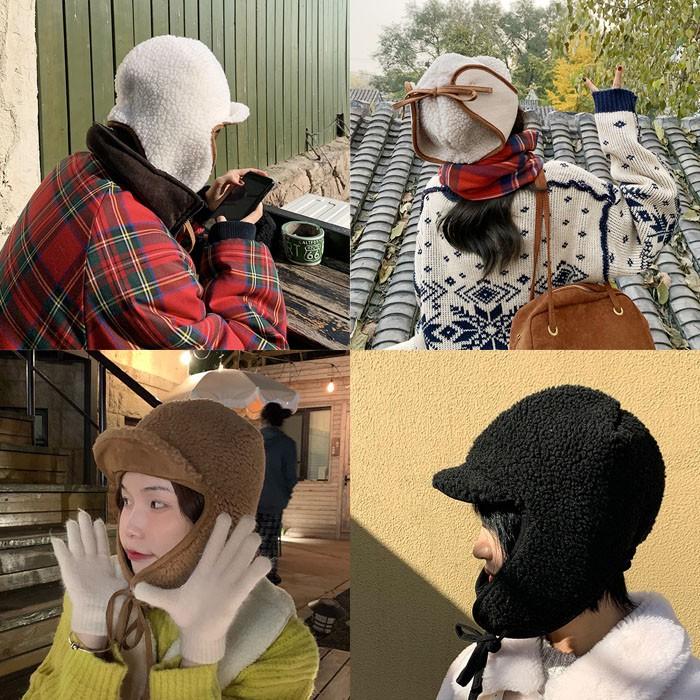 라인 뽀글이 귀도리모자 4color / 양털모자 끈모자