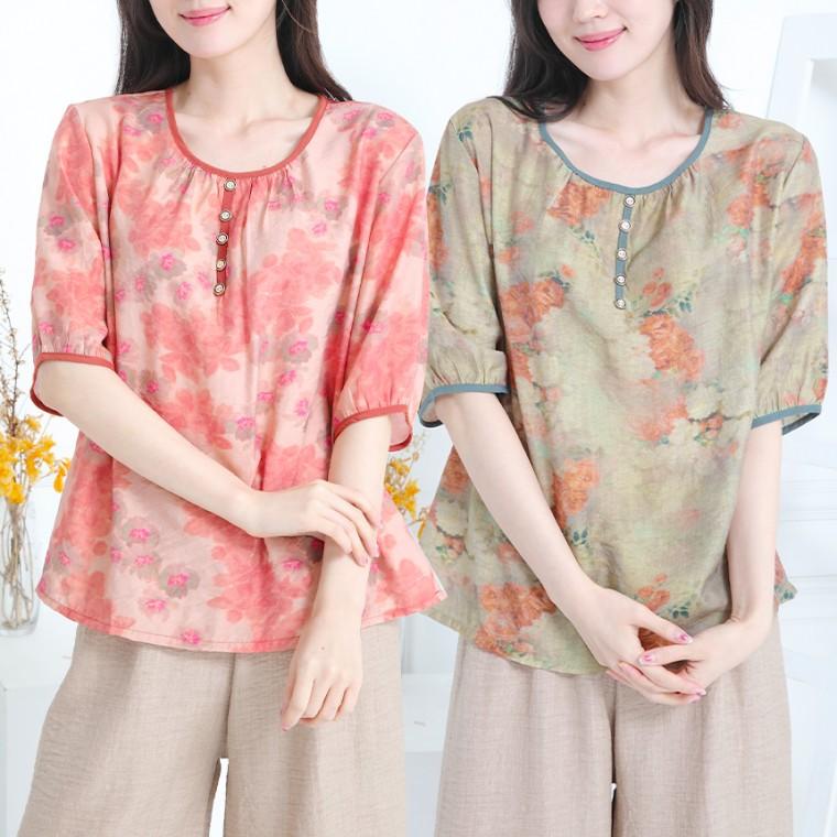 [여름 인견 블라우스] 시원한 꽃무늬 7부 반팔 어머니 할머니 선물용 빅사이즈