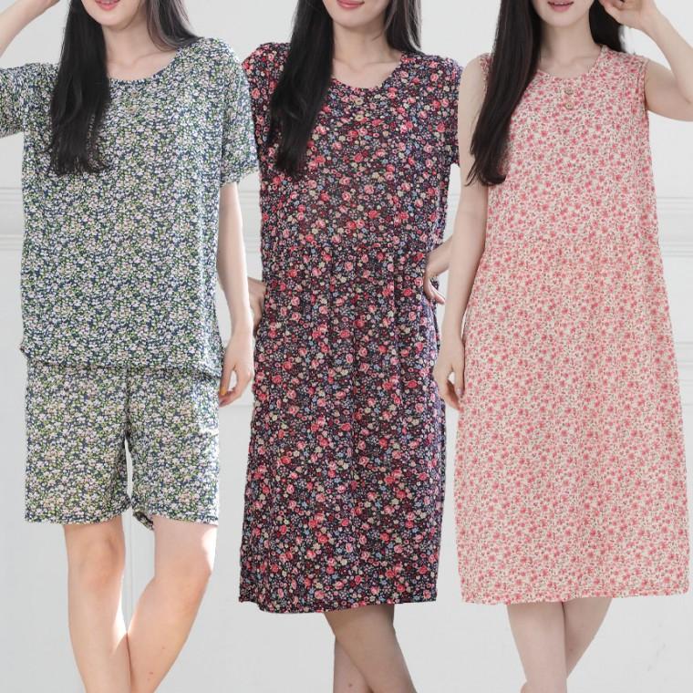 까실이 여성 플라워 여름 홈웨어 3종 / 반팔 나시 원피스 / 반바지 5부 세트 색상 랜덤발송