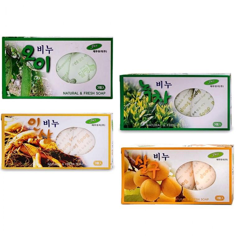 [미르]내츄럴 후레시 비누 3개입 오이비누 녹차비누 인삼비누 살구비누 미용 비누