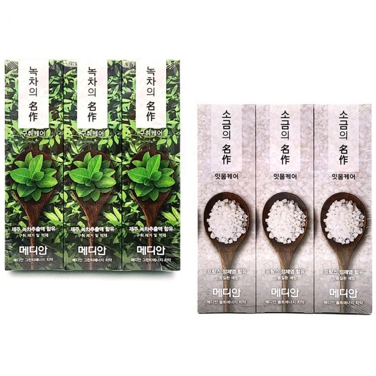 [미르]메디안 그린티에너지 치약 솔트에너지 치약 3개입 소금의명작 녹차의명작