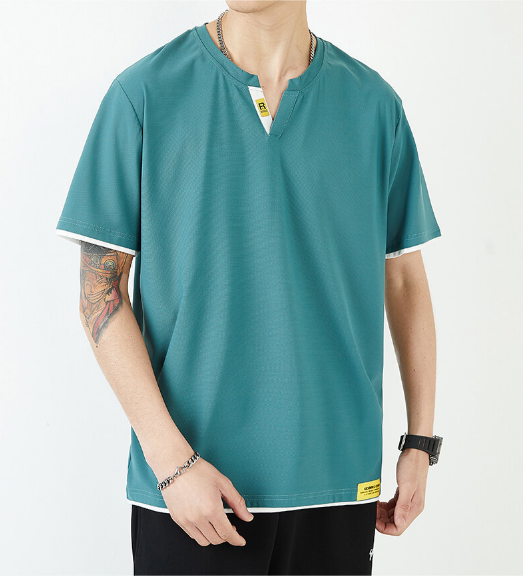 고탄력 냉감소재 V넥 투톤베이직 데일리 라운드 반팔 쿨티셔츠