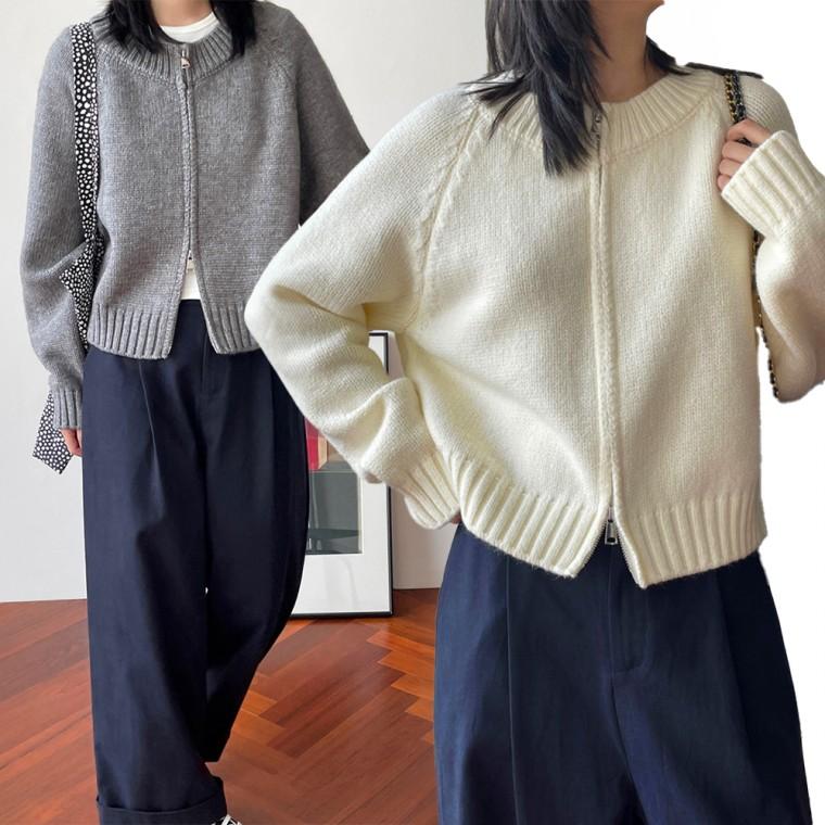 여자 크롭 숏 니트가디건 가을 간절기 라운드넥 긴팔 지퍼가디건