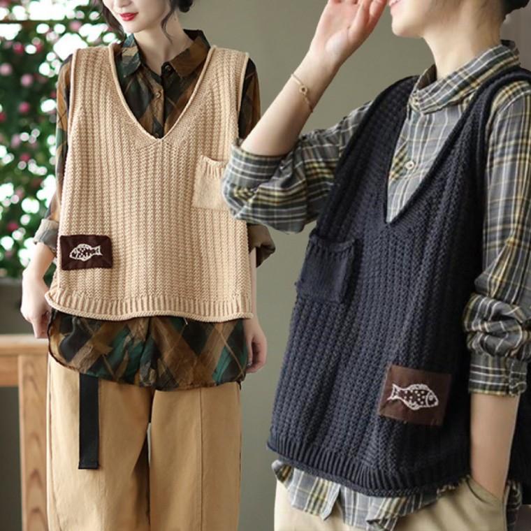 가을 여자 뷔스티에 브이넥 그물 니트조끼 뱃살커버 뜨개조끼 빅사이즈