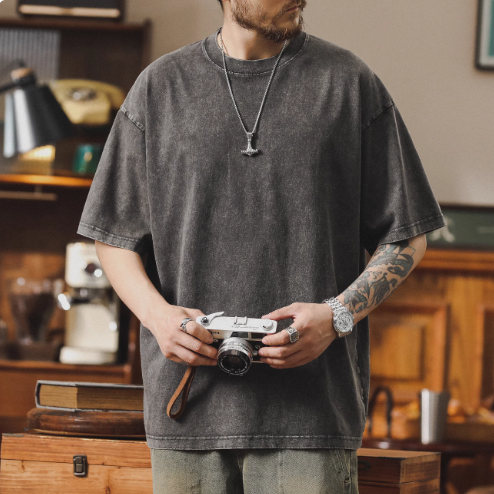 빅사이즈 오버핏 피그먼트 워싱 무지 반팔 티셔츠