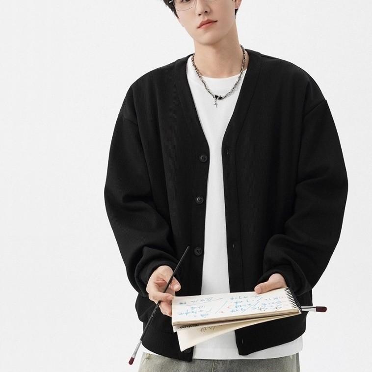 남성 가을 간절기 겨울실내 심플 무지 단추 와플 V넥 가디건 가오리핏